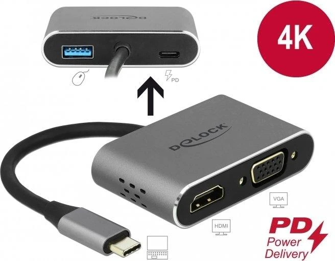Delock USB-C adapteris su HDMI, VGA ir PD jungtimis