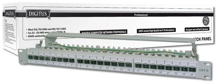 Digitus CAT 6A | Patch Panel | RJ45, 8P8C | Tinka montuoti 483 mm (19 colių) spintelėje; Perdavimo savybės: 6A kategorija, EA klasė; Taikymo sritis: iki 500 MHz, 10 GBase-T; Dydis: 482,6 x 44 x 109 mm | RJ45 ekranas (alavuota bronza)
