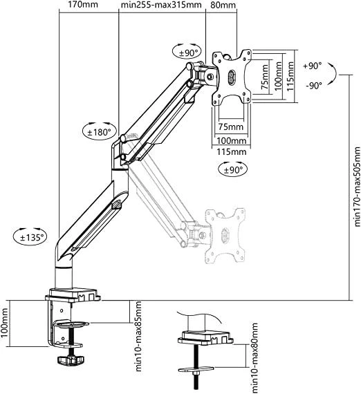 „Assmann Electronic DIGITUS DA-90394“ vienos dujinės spyruoklės monitoriaus spaustuko laikiklis 17–32 colių maks. 9kg. juodas