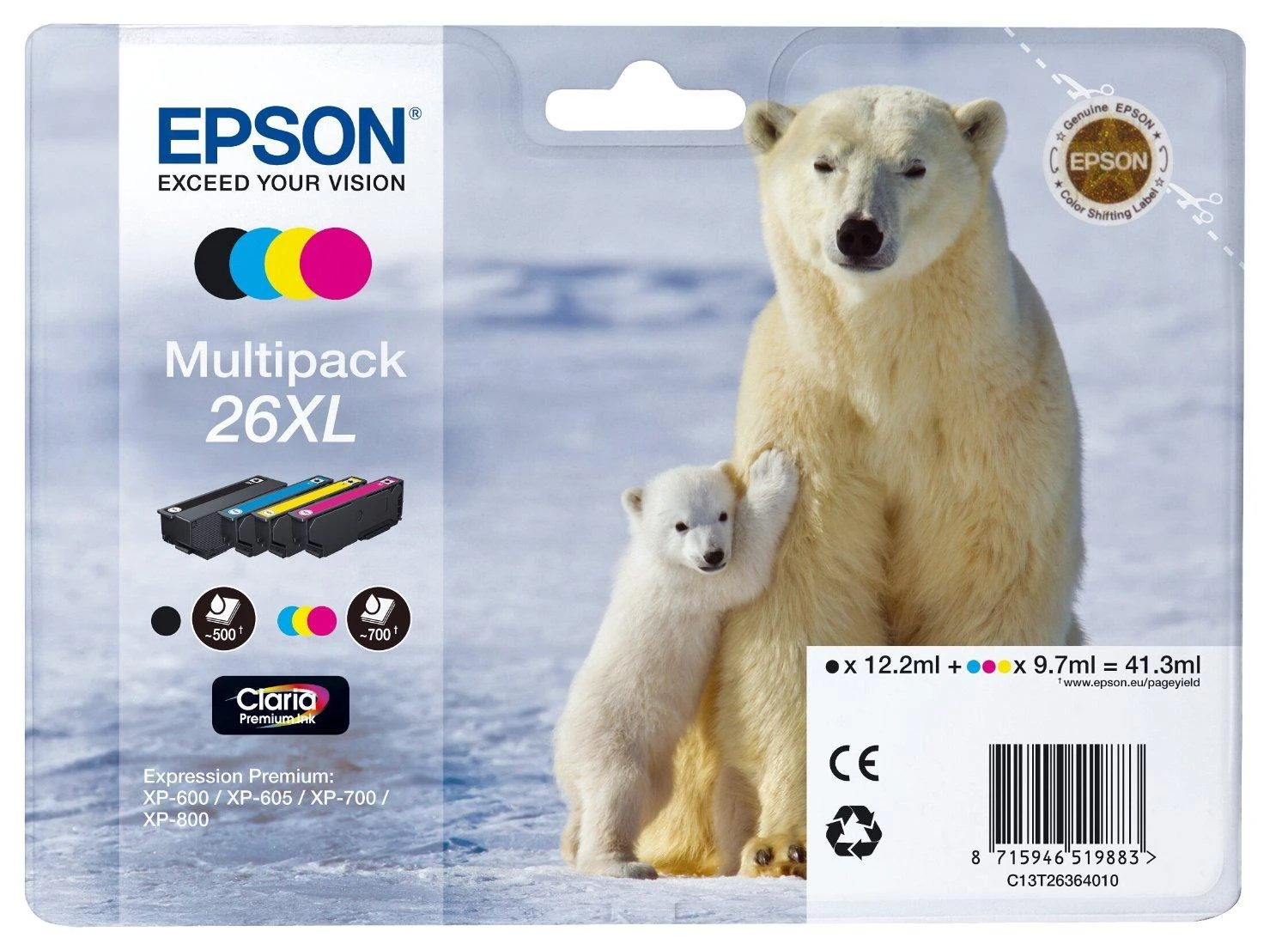 Epson kasečių rinkinys No.26XL (C13T26364010), juoda, žydra, purpurinė, geltona kasetė