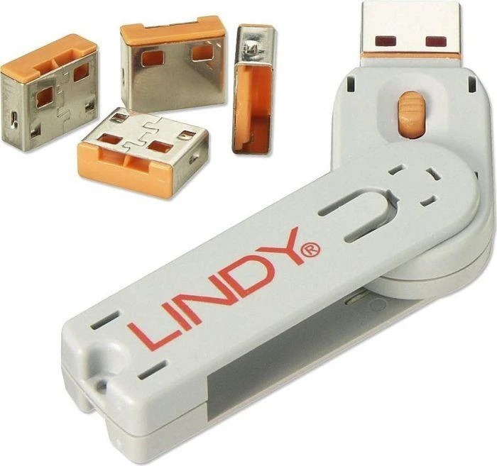 USB Prievado Blokatorius - LINDY USB A Prievado Blokatorius, 4 vnt + USB Type A Prievadai su Raktu, Oranžinis