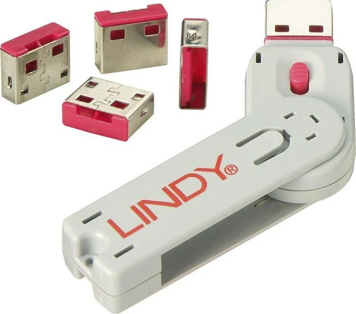 USB Priedas - LINDY USB A Prievado Blokatorius 4 vnt. + Raktas, Rožinis