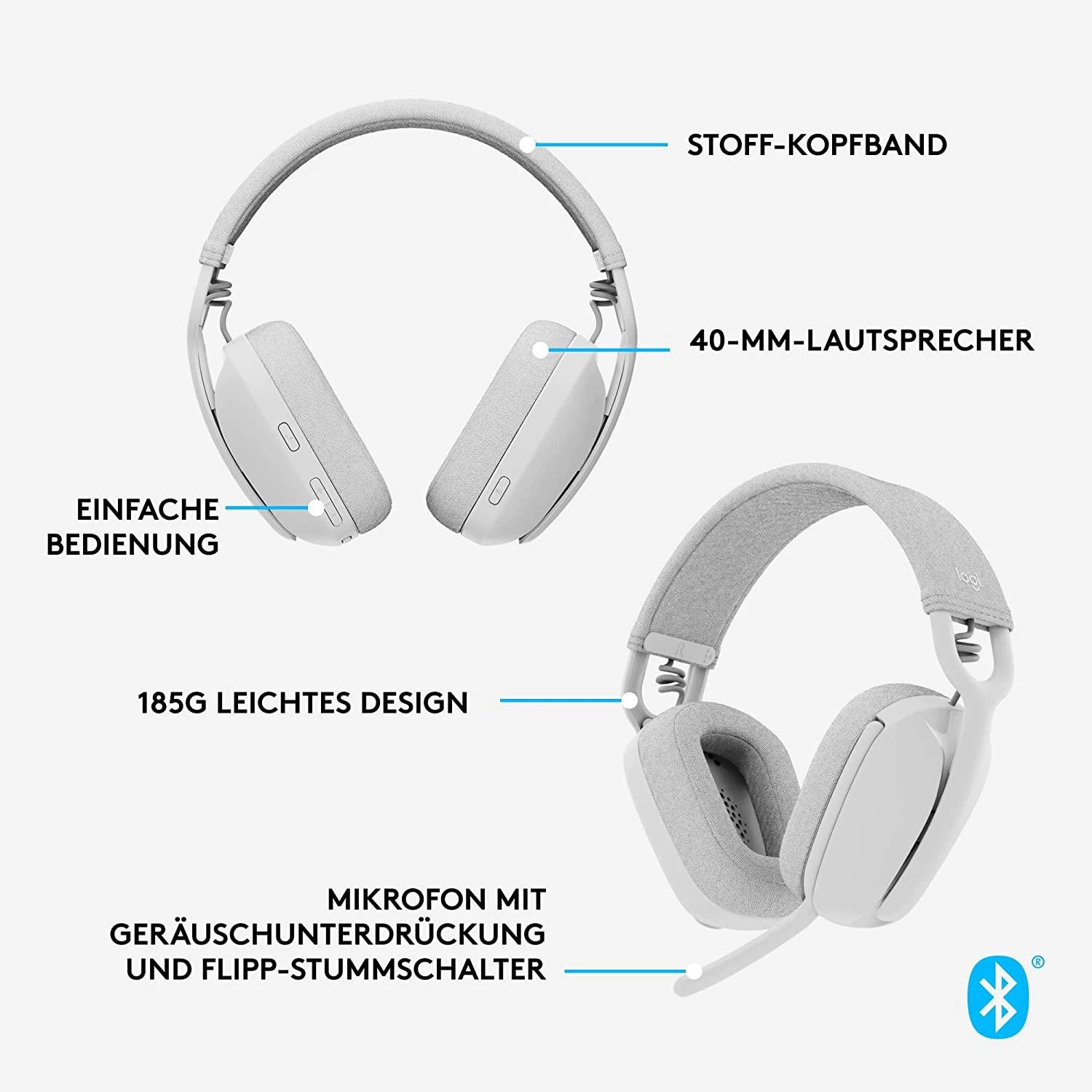 Logitech Zone Vibe 100 belaidės ausinės, Baltos