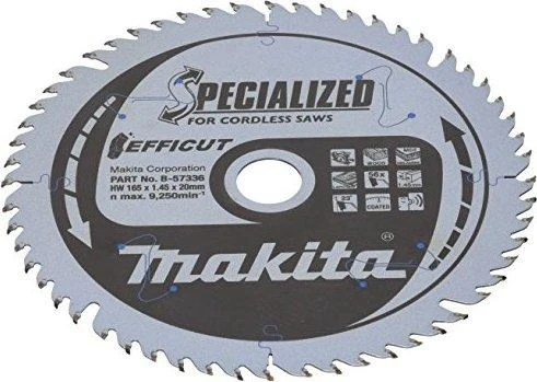 Makita T.C.T. pjūklas EFFICUT 165X1.45X20mm 23° T56 B-57336 T.C.T • 165 x20 mm • T56 • 23° • Medienai/MDF/laminatui
