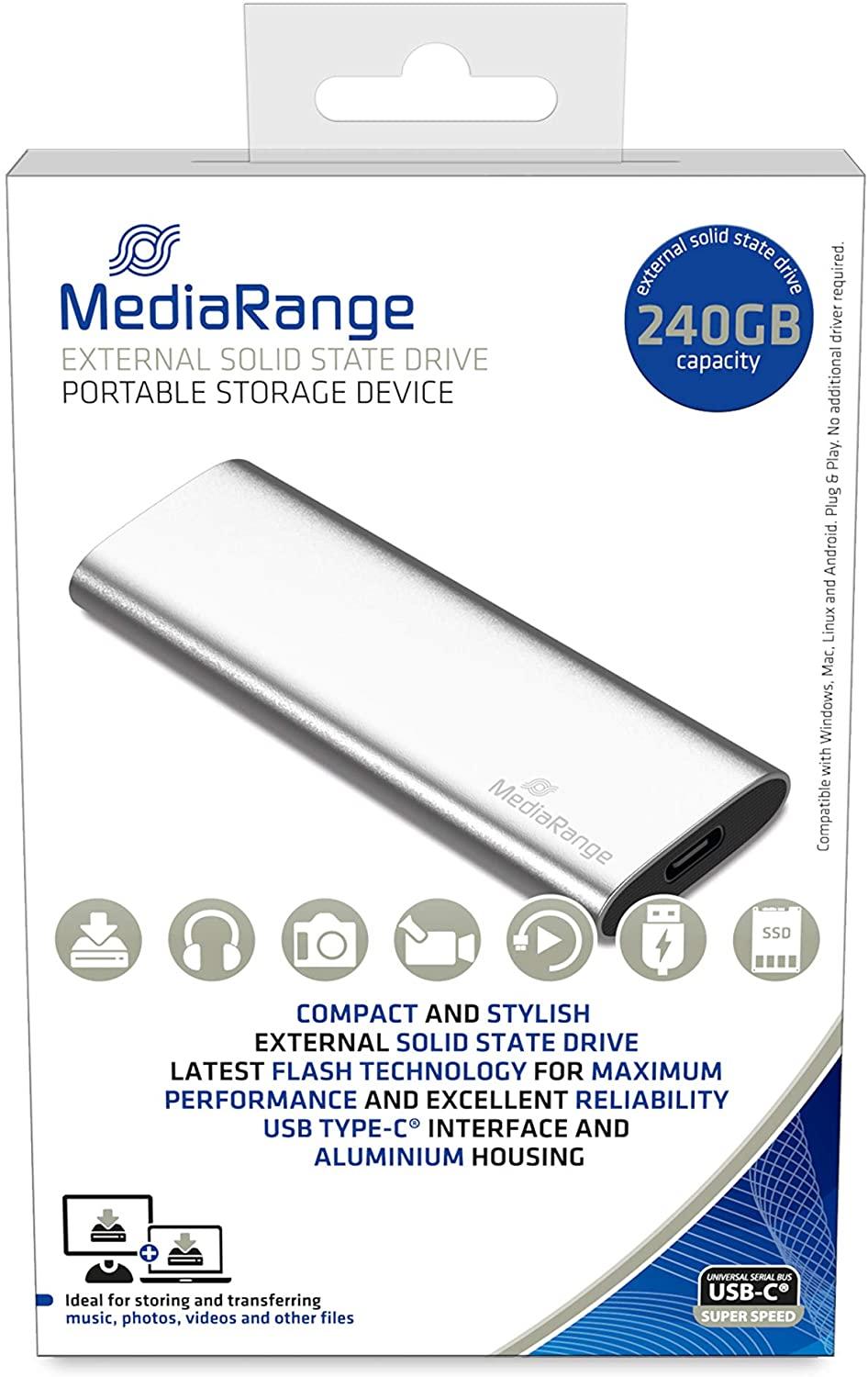 Kietasis diskas MediaRange 240 GB, Externe SSD - sidabrinis, USB-C 3.2 Gen 2 (10 Gbit/s)