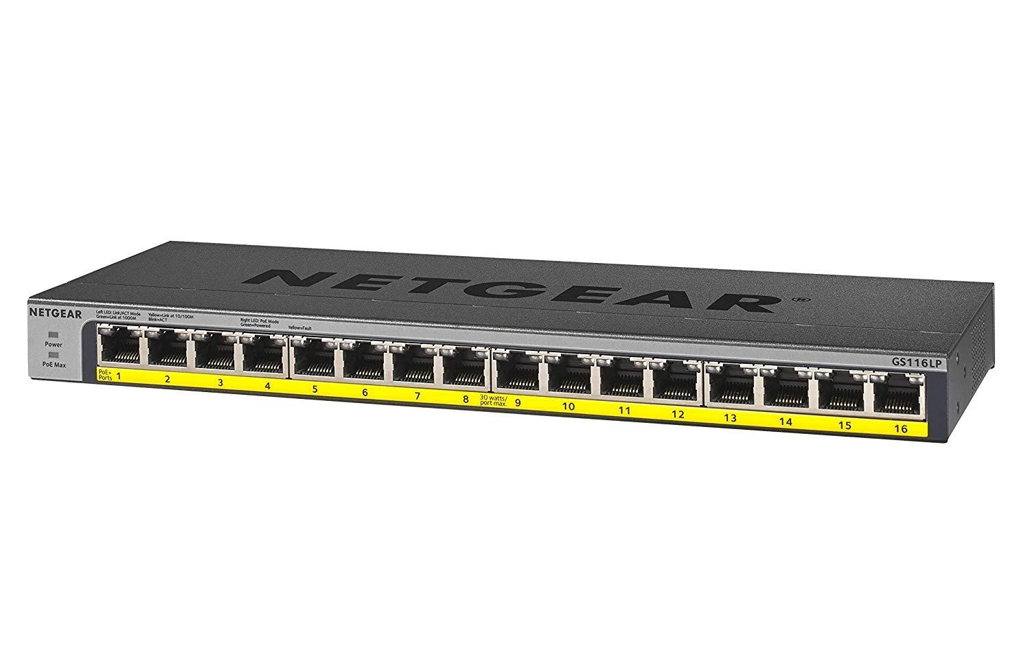 Šakotuvas Netgear GS116LP Ne-valdomas Gigabit Ethernet (10/100/1000) Juoda Maitinimas per Eternetą (PoE)