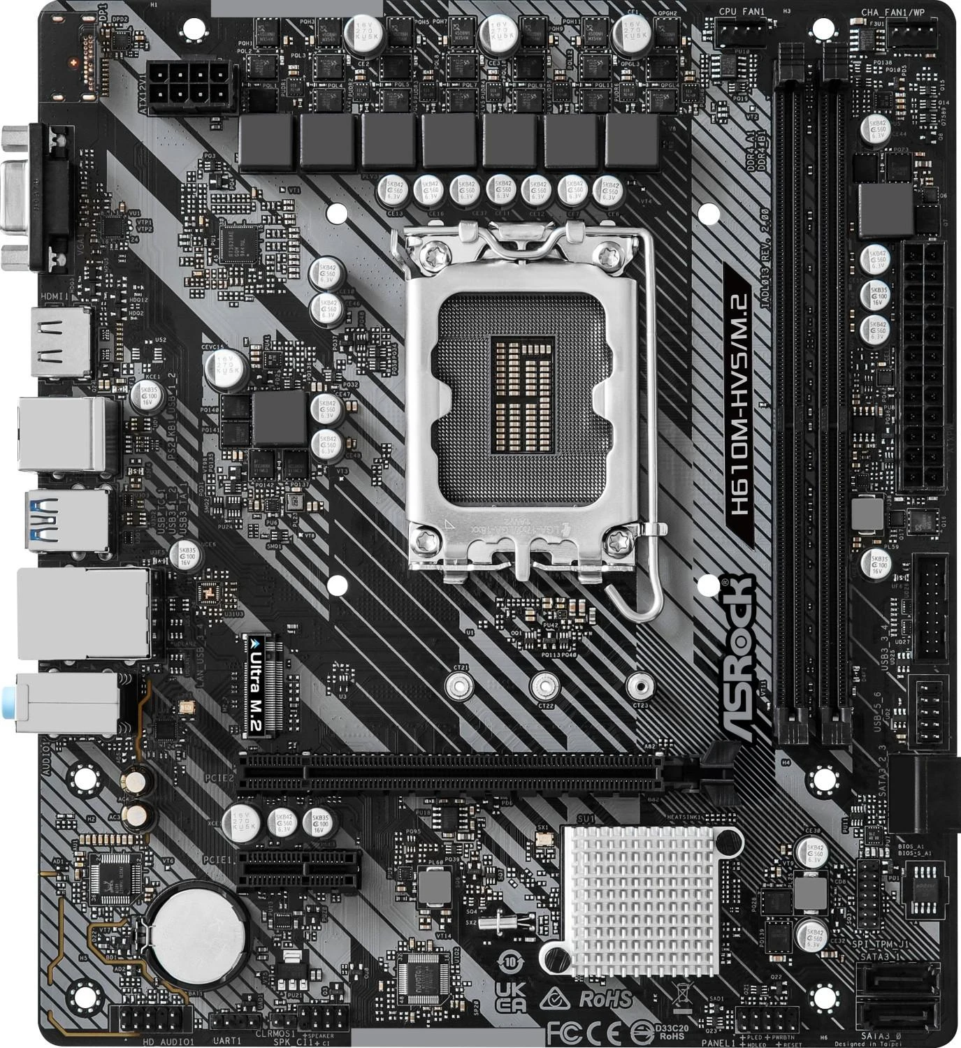 Pagrindinė plokštė ASROCK Intel H610/LGA1700/MicroATX/Memory DDR4/Atminties lizdai 2/1xPCI-Express 3.0 1x/1xPCI-Express 4.0 16x/1xM.2/1x15pin D-sub/1xHDMI/1xAudio-In/1xAudio-Out/1xMikrofonas/4xUSB 2.0/2xUSB 3.2