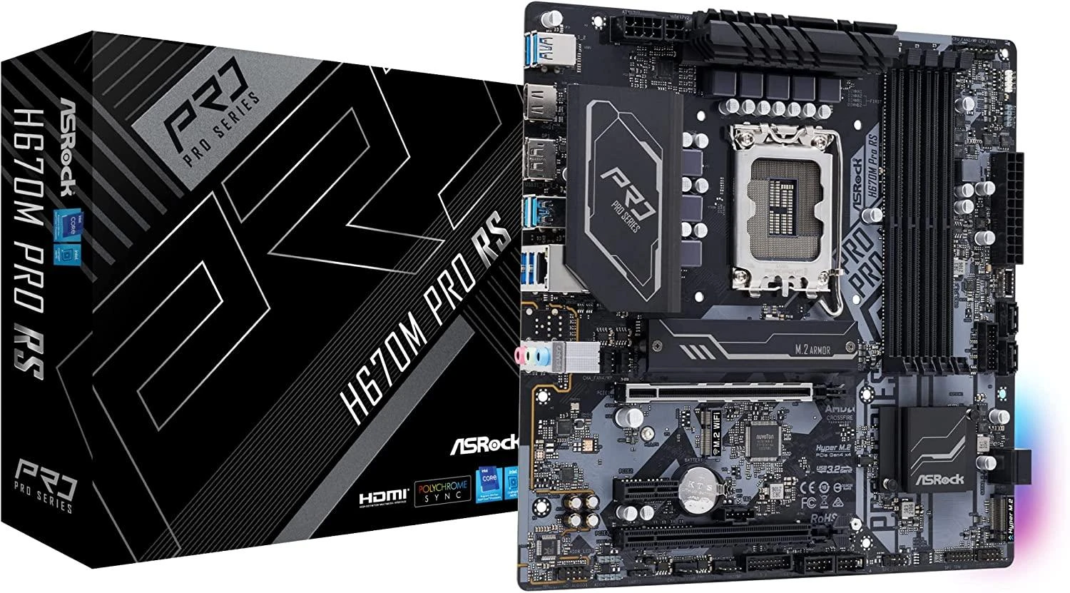 Pagrindinė plokštė ASRock H670M Pro RS/Intel H670/LGA1700/MicroATX/Atmintis DDR4/Atminties lizdai 4/1xPCI-Express 3.0 1x/1xPCI-Express 3.0 4x/1xPCI-Express 4.0 16x/2xM.2/1xHDMI/1xDisplayPort/2xAudio-In/1xAudio-Out/6xUSB 3.2/1xRJ45
