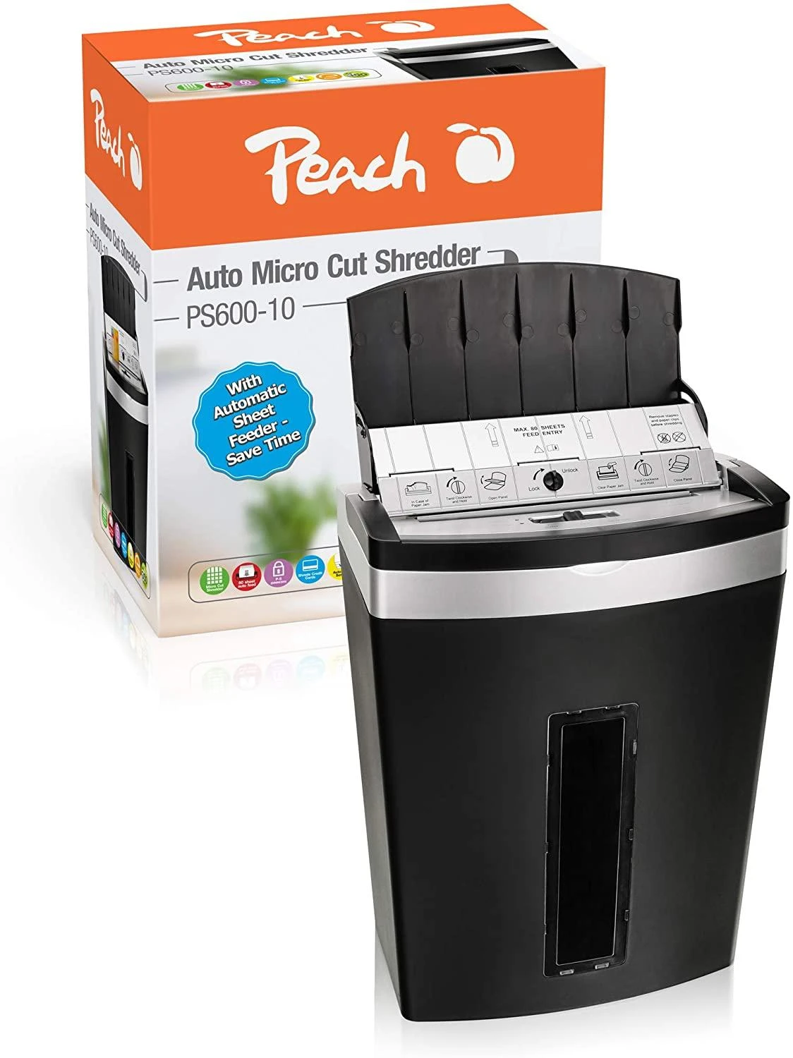 Peach PS600-10 dokumentų naikiklis Smulkinimas itin mažais gabalėliais 63 dB Juoda, Sidabras