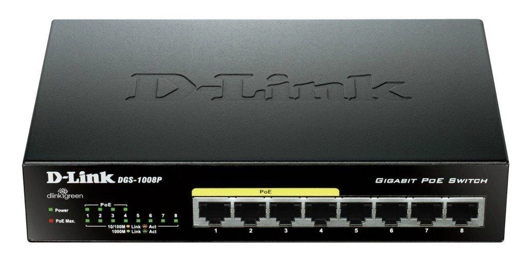 Šakotuvas Komutatorius D-Link 8x10 / 100 / 1000Mbps RJ45, 4xPoE, 52W, / DGS-1008P