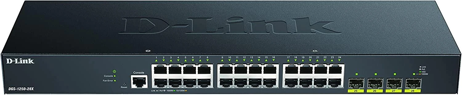 Šakotuvas D-Link | Sukraunamas išmanusis valdomas jungiklis su 10G įkėlimo nuorodomis | DGS-1250-28X/E | Tvarkomas žiniatinklis | Montuojamas ant stovo | Gigabit Ethernet (vario) jungtys kiekis 24