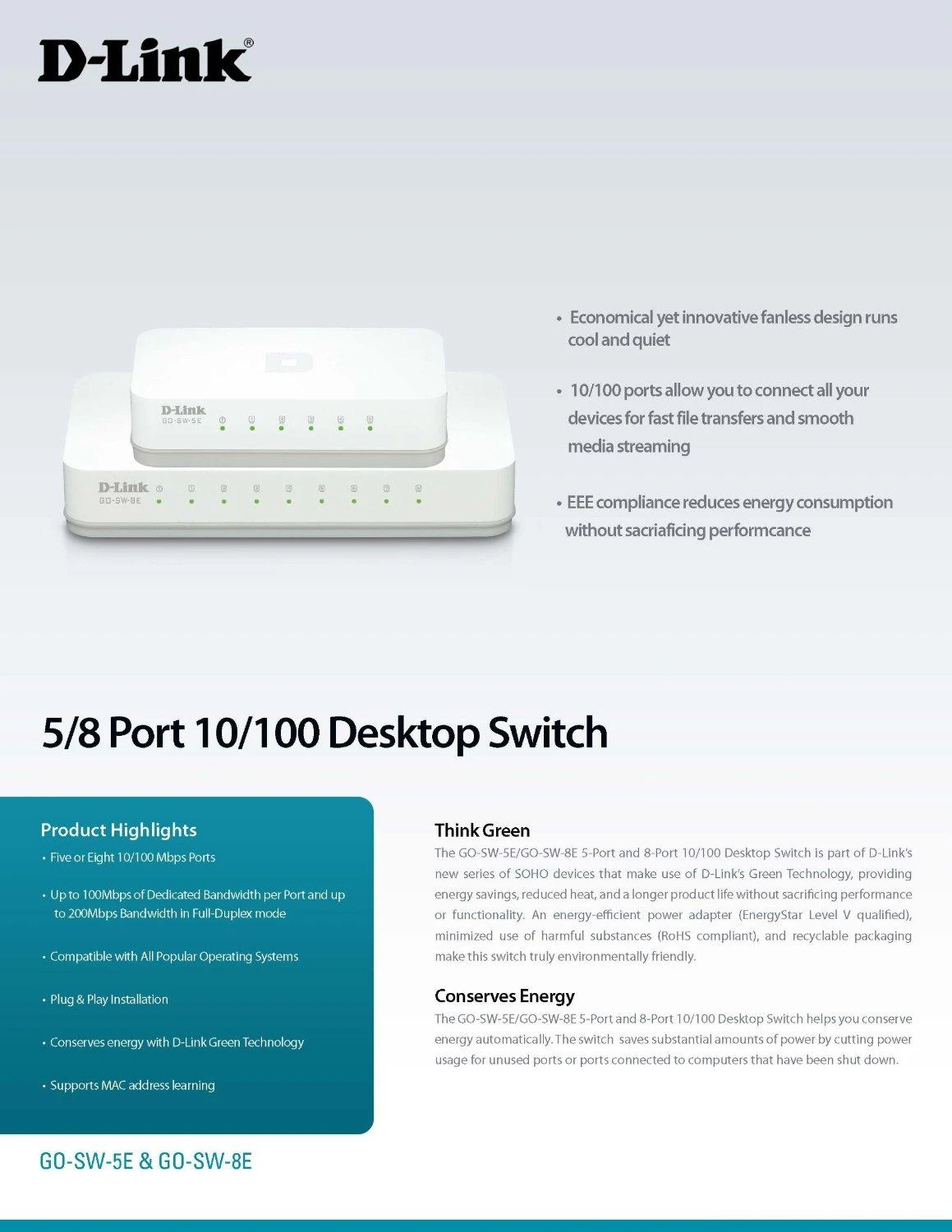 Šakotuvas D-Link GO-SW-8E/E tinklo komutatorius Ne-valdomas Fast Ethernet (10/100) Balta