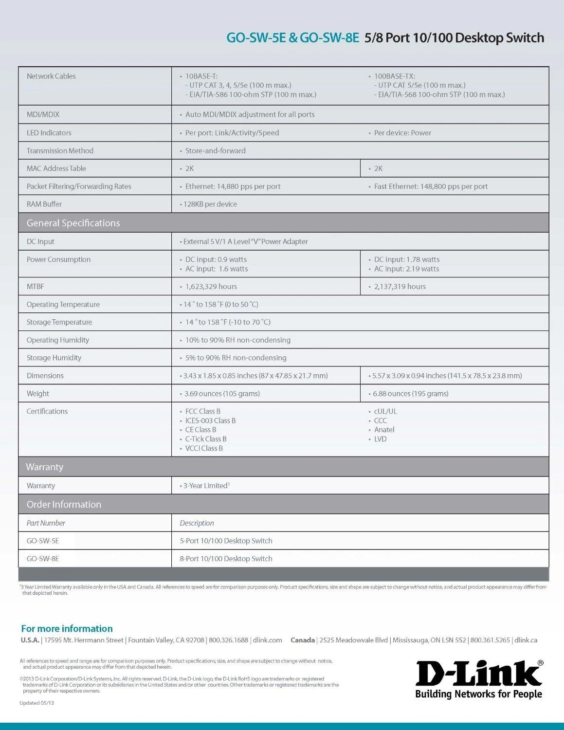 Šakotuvas D-Link GO-SW-8E/E tinklo komutatorius Ne-valdomas Fast Ethernet (10/100) Balta