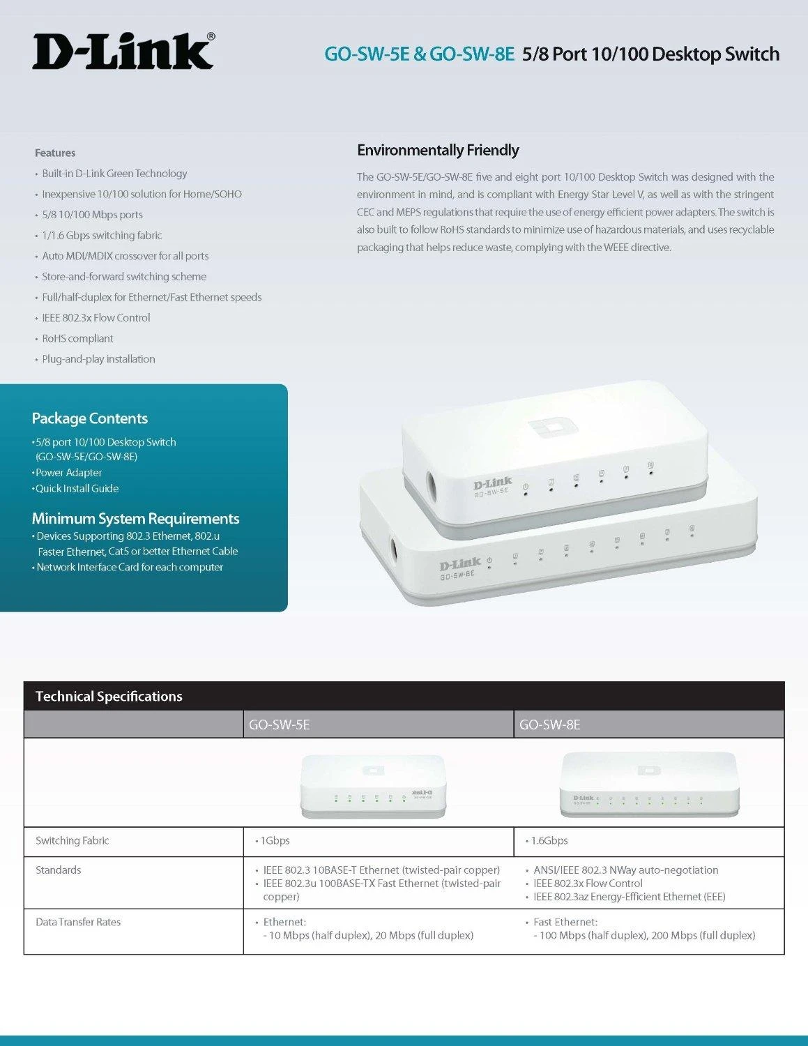 Šakotuvas D-Link GO-SW-8E/E tinklo komutatorius Ne-valdomas Fast Ethernet (10/100) Balta