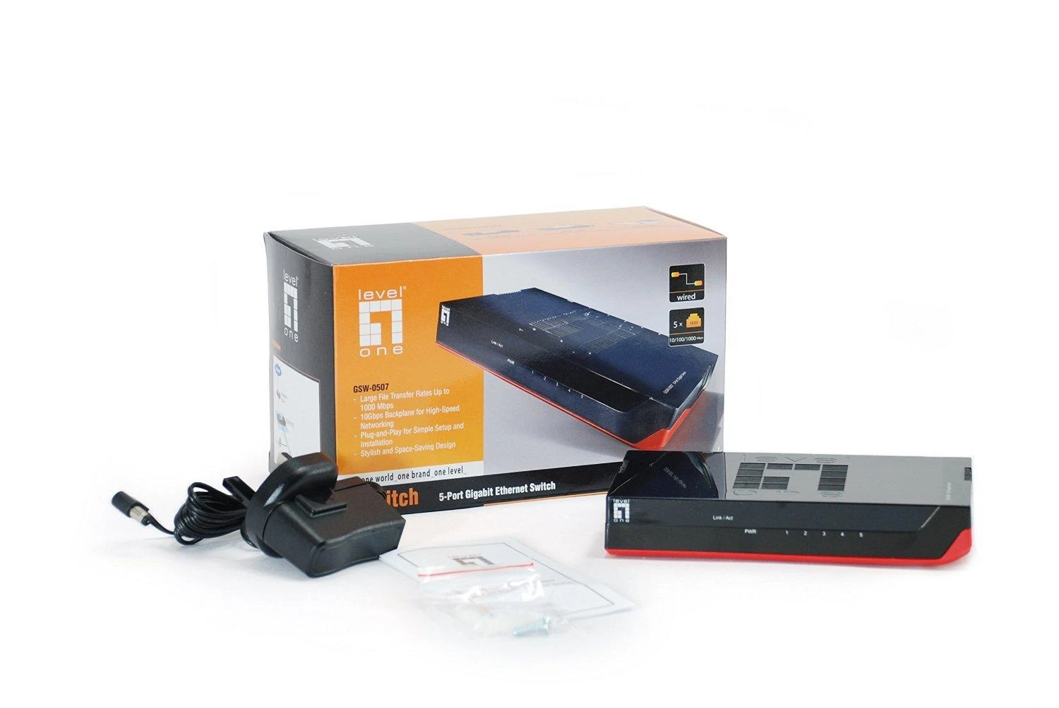 Šakotuvas Level One LevelOne GSW-0507 tinklo komutatorius Ne-valdomas Gigabit Ethernet (10/100/1000) Juoda, Raudona