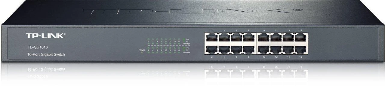 Šakotuvas TP-LINK 16 prievadų gigabito komutatorius, montuojamas į 19 colių stelažą