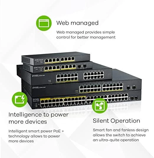 Šakotuvas ZYXEL GS1900-24 V2, 24-PORT GBE L2 SMART SWITCH, RACKMOUNT, FANLESS (5Y WARRANTY)