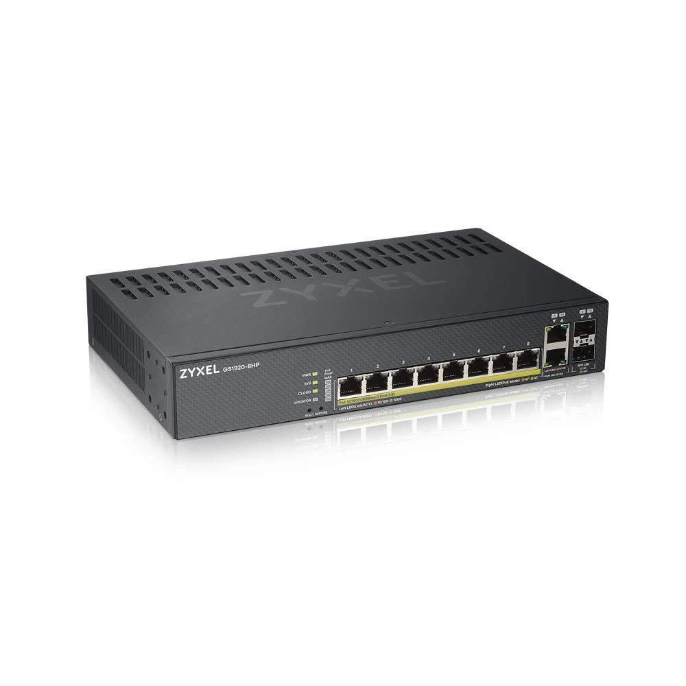Šakotuvas ZYXEL GS1920-8HPV2, 10 prievadų išmanusis valdomas komutatorius, 8 gigabitų varinis ir 2 gigabitų dviejų asmenų, hibridinis režimas, autonominis arba „Nebulaflex“ debesis, 130 vatų POE, be ventiliatoriaus (5 metų garantija)
