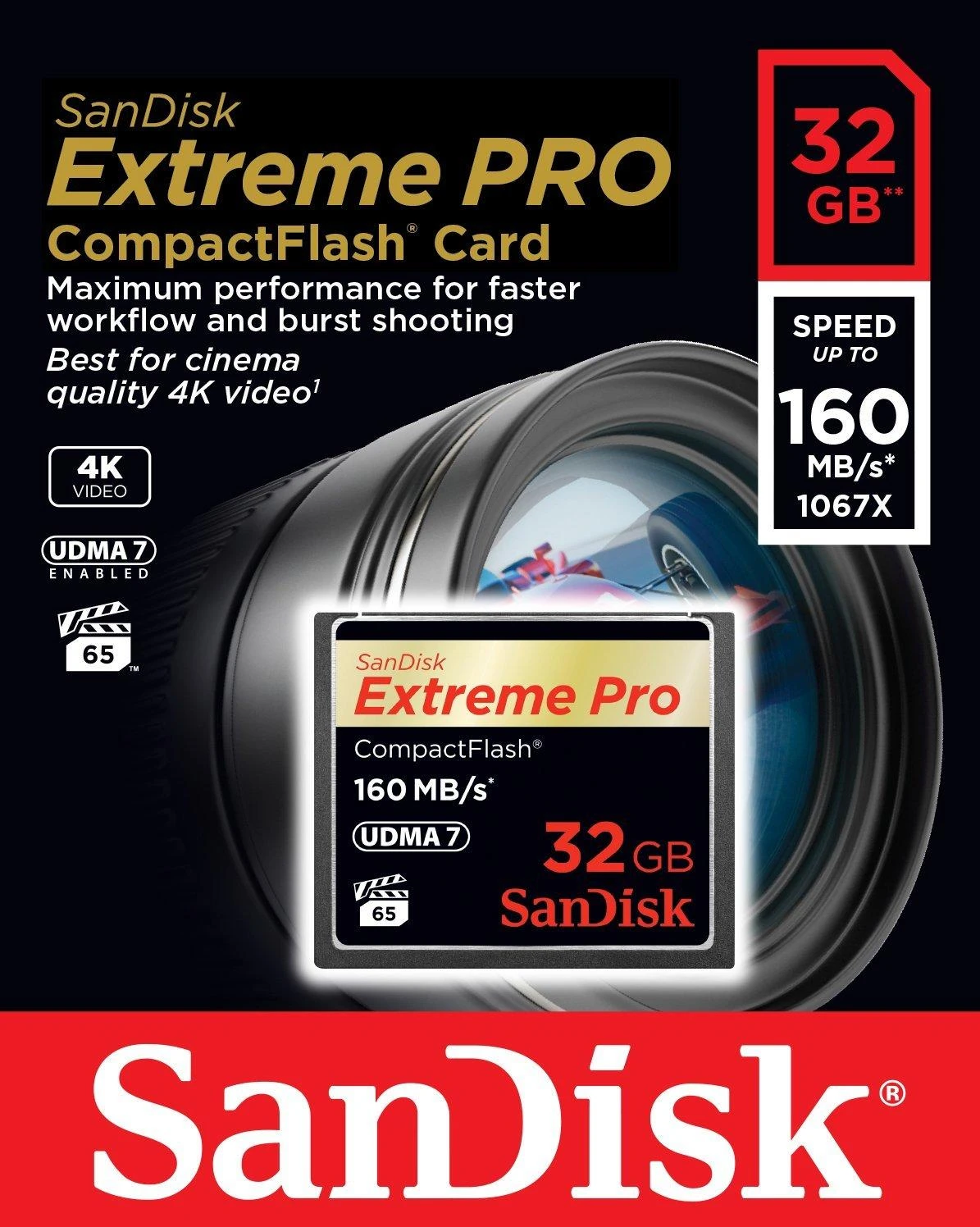 Atminties kortelė SanDisk Extreme Pro CF 160MB/s 32GB VPG 65, UDMA 7; EAN: 619659102432