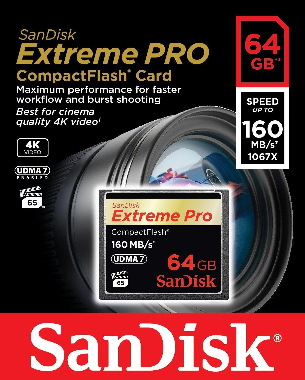 Atminties kortelė SanDisk Extreme Pro CF 160MB/s 64GB VPG 65, UDMA 7; EAN: 619659102463