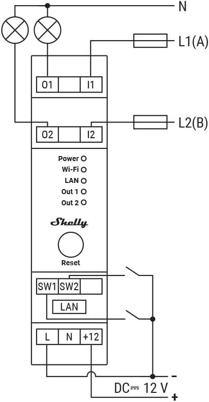 Shelly PRO 2 išmanioji 2 kanalų relė valdoma Wifi LAN ar Bluetooth montuojama ant DIN bėgelio