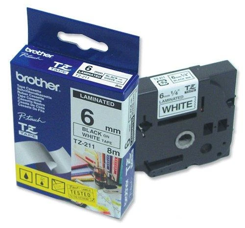 Brother | TZe-211 Laminated Tape | Juodas on Baltas | TZe | 8 m | 6 cm