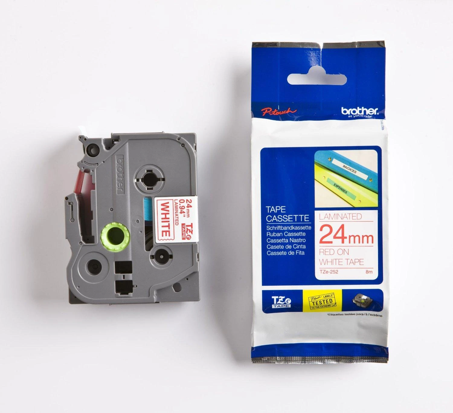 Brother | TZe-252 Laminated Tape | Raudona on Baltas | TZe | 8 m | 2.4 cm
