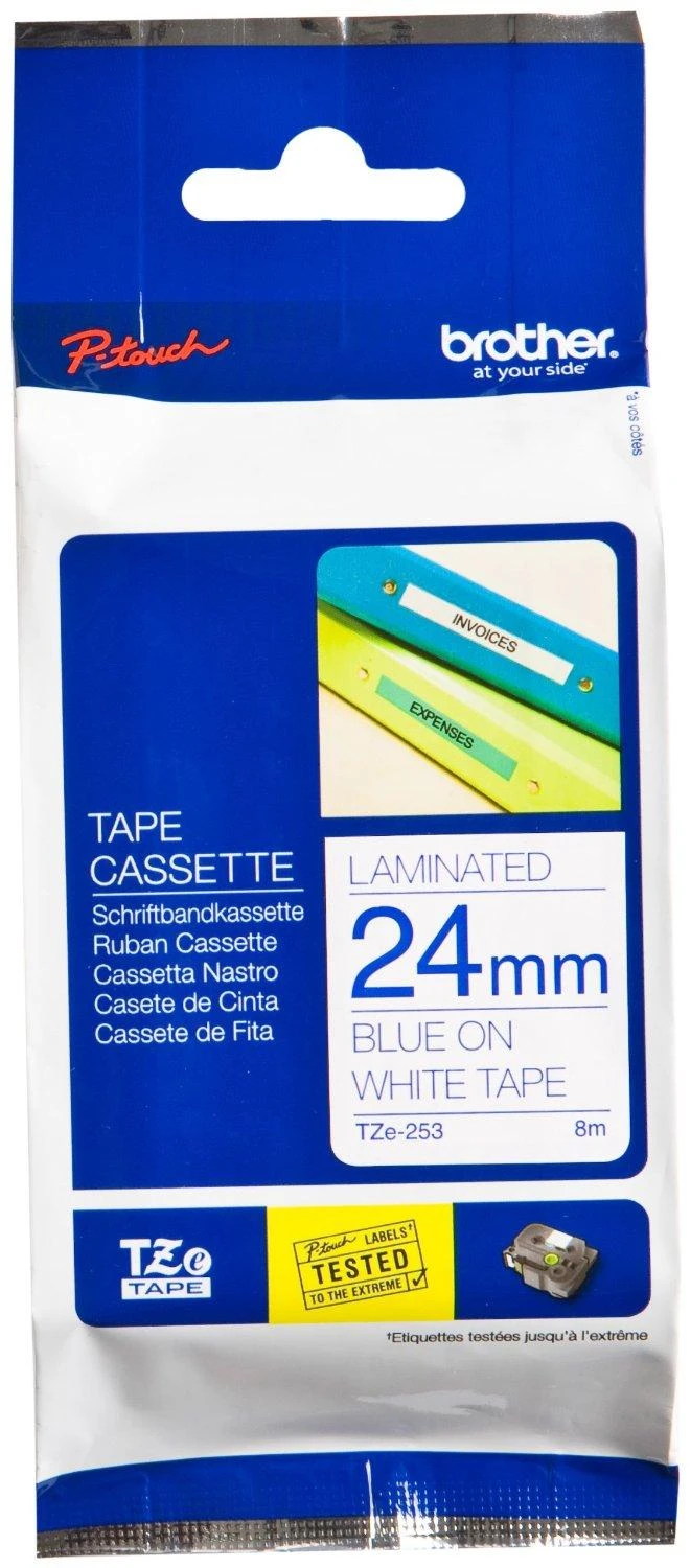 Brother TZe-253 Laminated Tape Mėlyna on Baltas, TZe, 8 m, 2.4 cm
