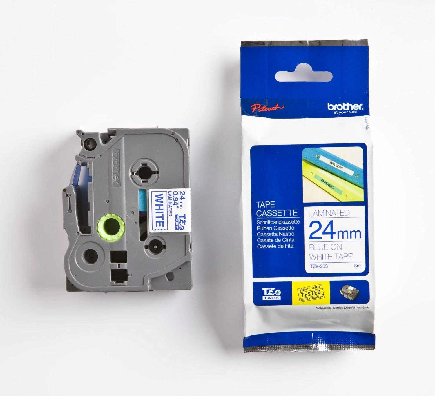 Brother TZe-253 Laminated Tape Mėlyna on Baltas, TZe, 8 m, 2.4 cm