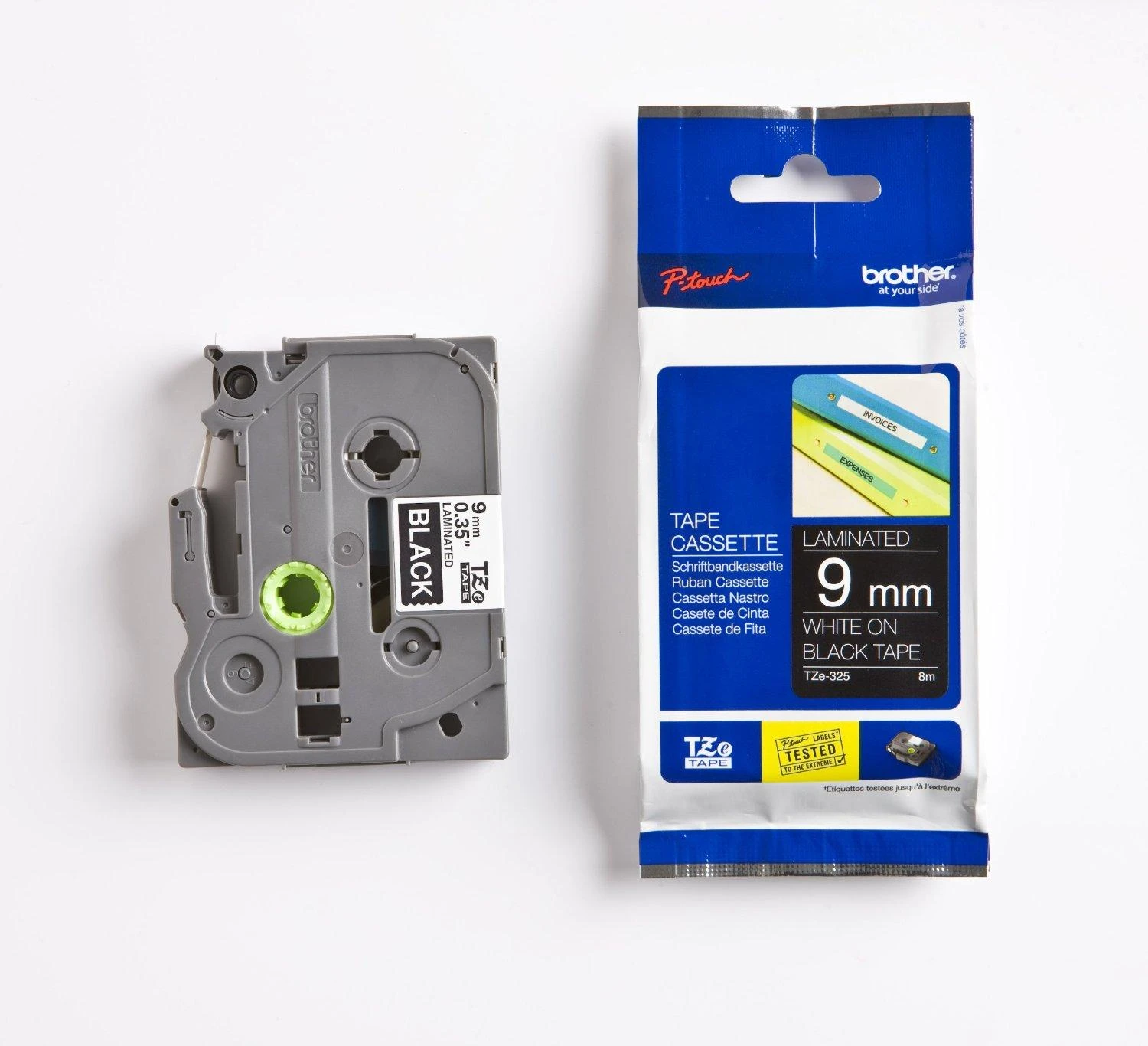 Brother | TZe-325 Laminated Tape | Baltas on Juodas | TZe | 8 m | 9 cm