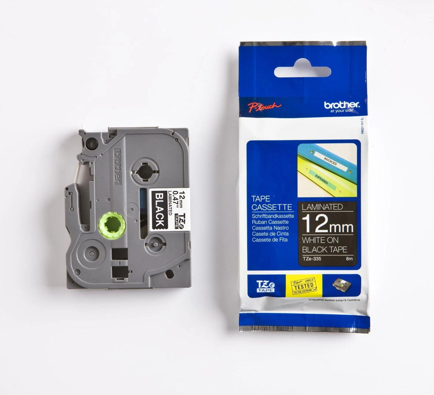 Brother | TZe-335 Laminated Tape | Baltas on Juodas | TZe | 8 m | 1.2 cm