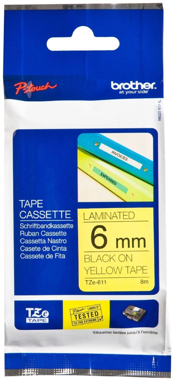 Brother | TZe-611 Laminated Tape | Juodas on Geltona | TZe | 8 m | 6 cm