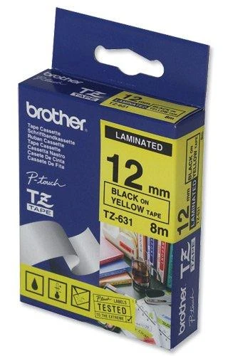 Brother | TZe-631 Laminated Tape | Juodas on Geltona | TZe | 8 m | 1.2 cm