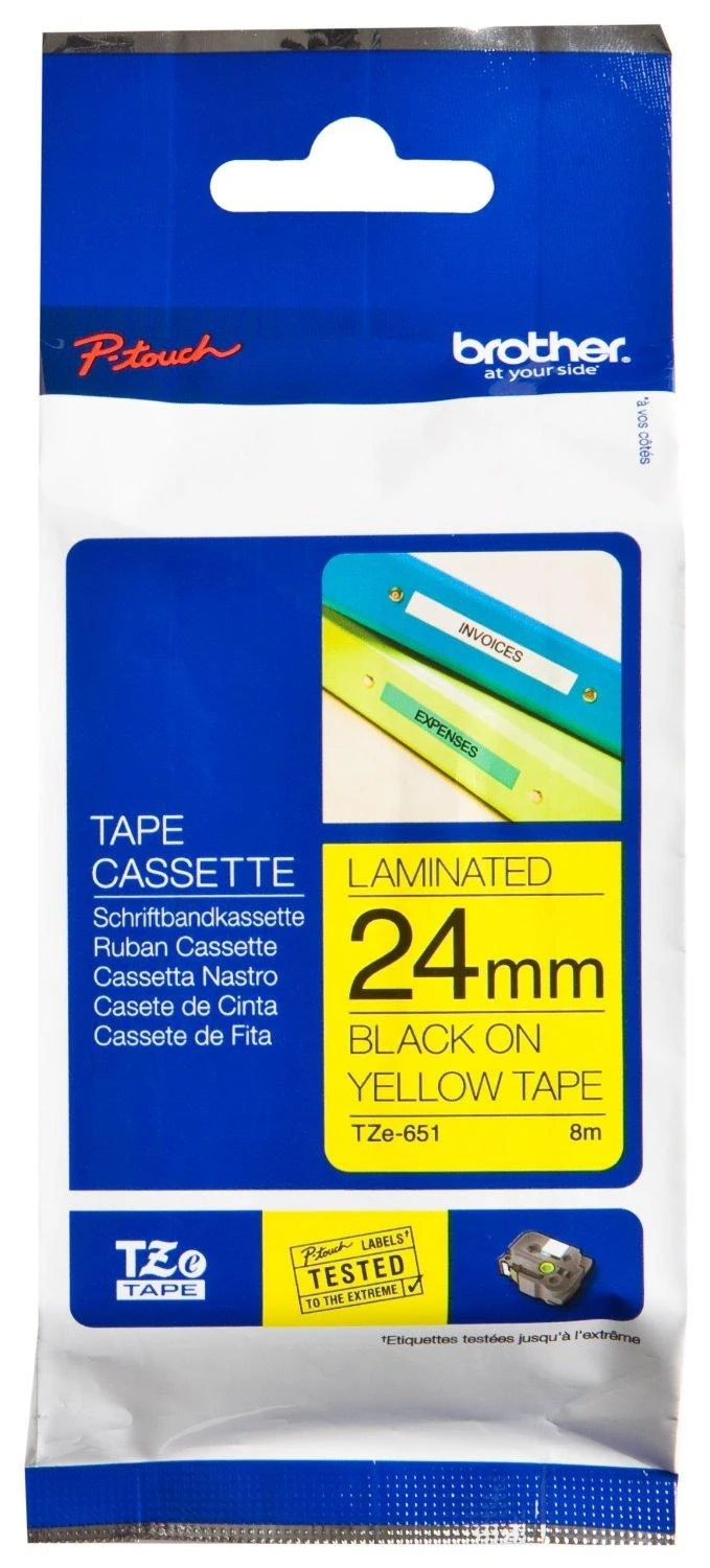 Brother | TZe-651 Laminated Tape | Juodas On Geltona | TZe | 8 m | 2.4 cm