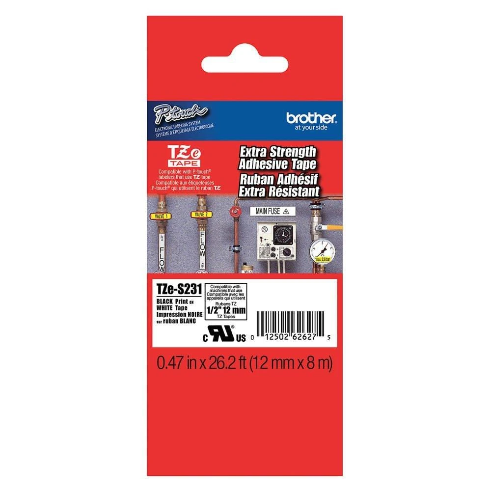 Brother | TZ-S231 Strong Adhesive Laminated Tape | Juodas on Baltas | TZe | 8 m | 1.2 cm