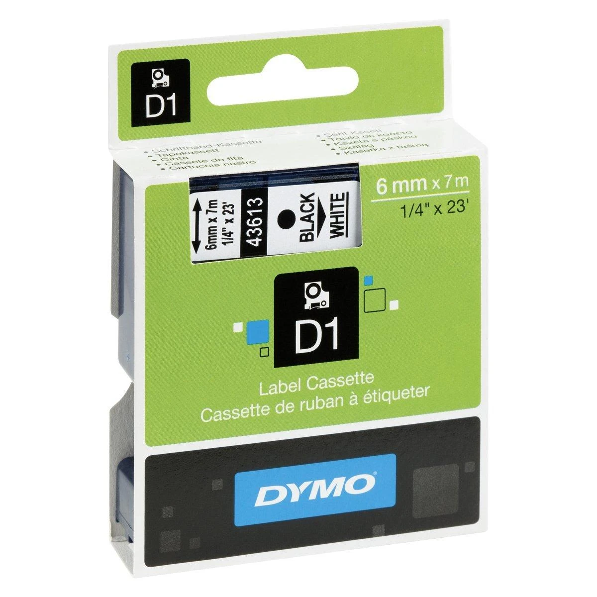 Juostelė DYMO D1, 6 mm x 7 m, Juodas šriftas/BALTA juosta