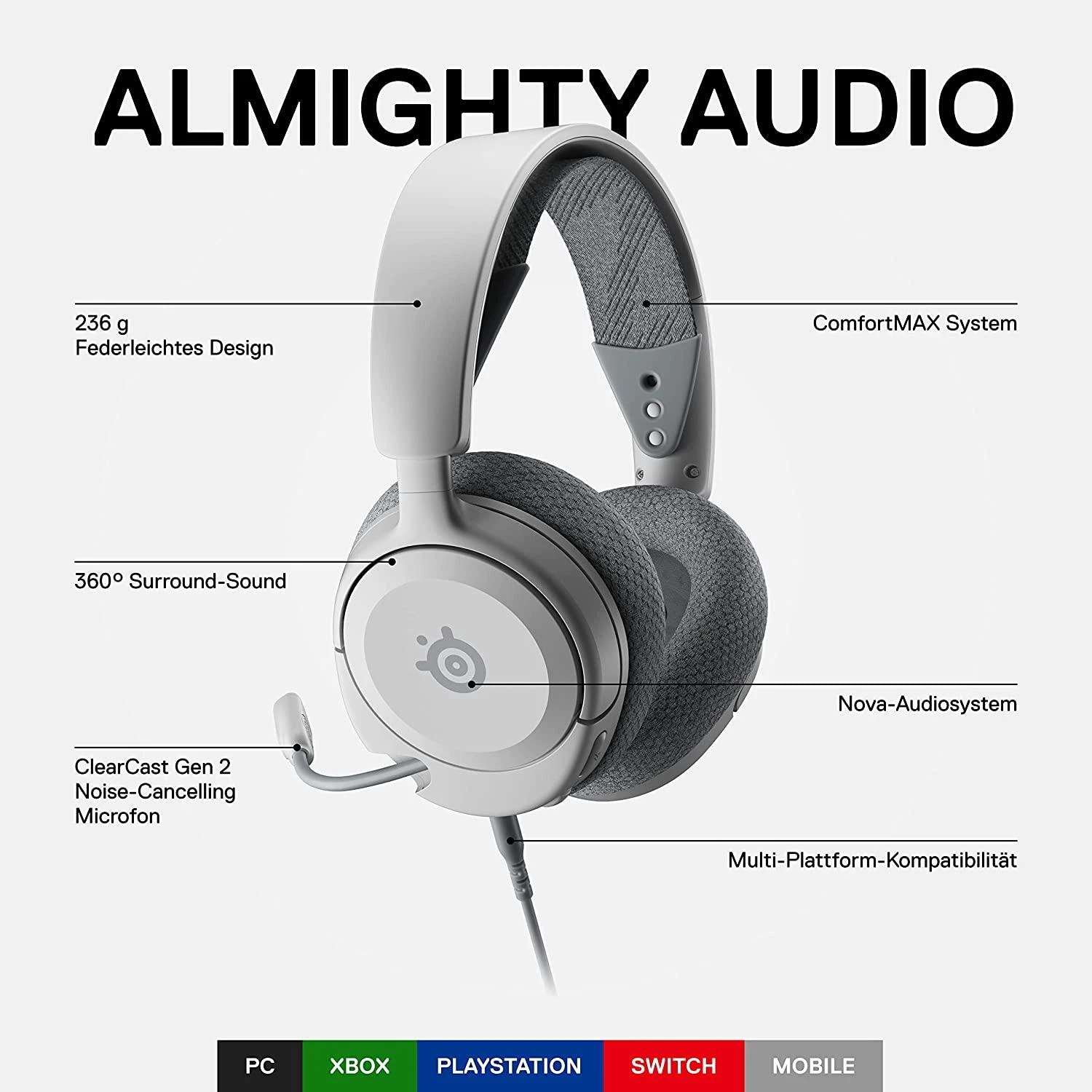 Žaidimų ausinės SteelSeries Arctis Nova 1, Pilkos spalvos