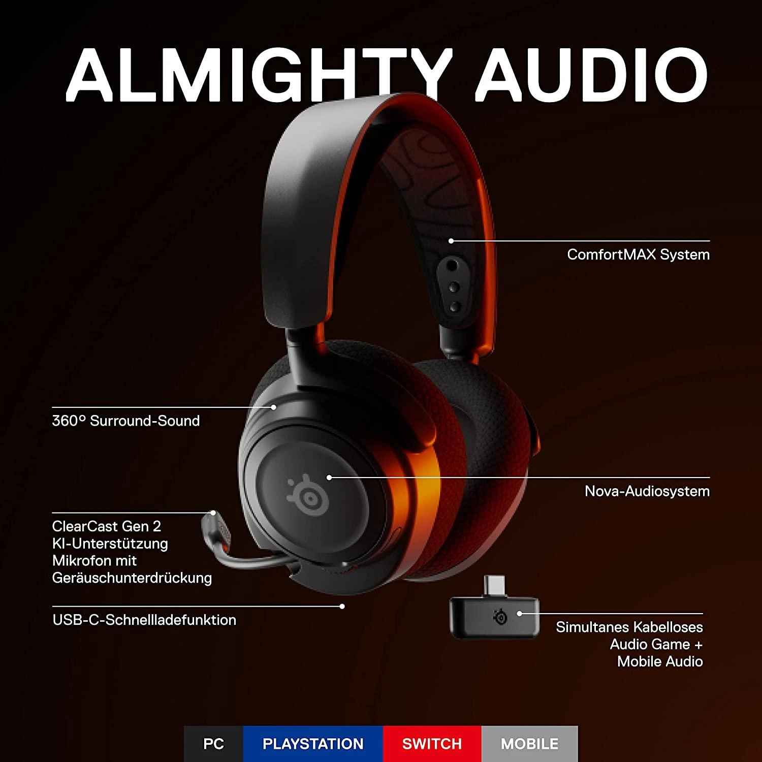 Belaidės žaidimų ausinės SteelSeries Arctis Nova 7, Juodos spalvos