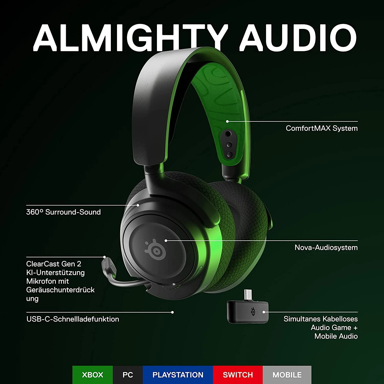 Belaidės ausinės su mikrofonu SteelSeries Arctis Nova 7X Over-Ear, Juodos/Žalios spalvos