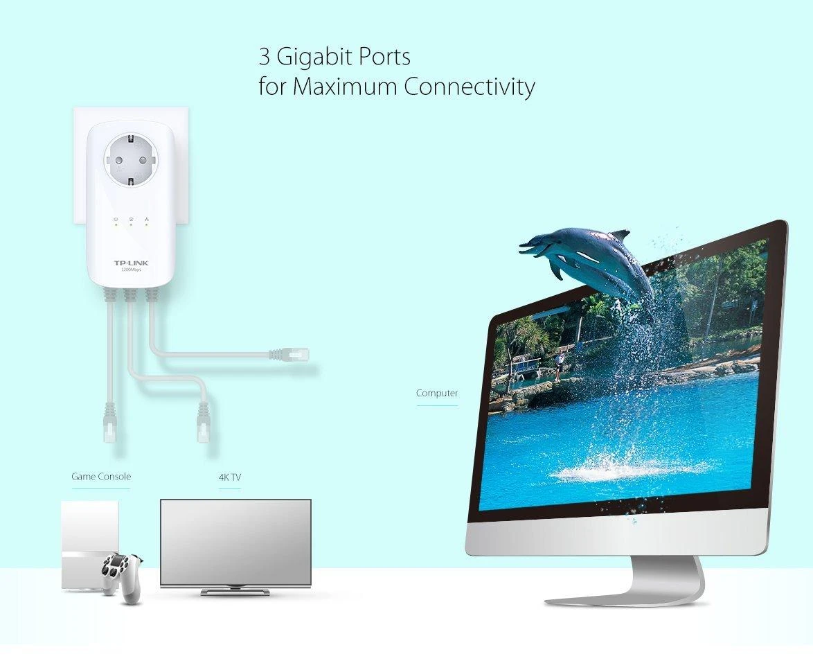 TP-Link AV1300 3 prievadų "Gigabit Passthrough Powerline" elektros tinklo adapterio pradinis rinkinys (TL-PA8030P KIT)