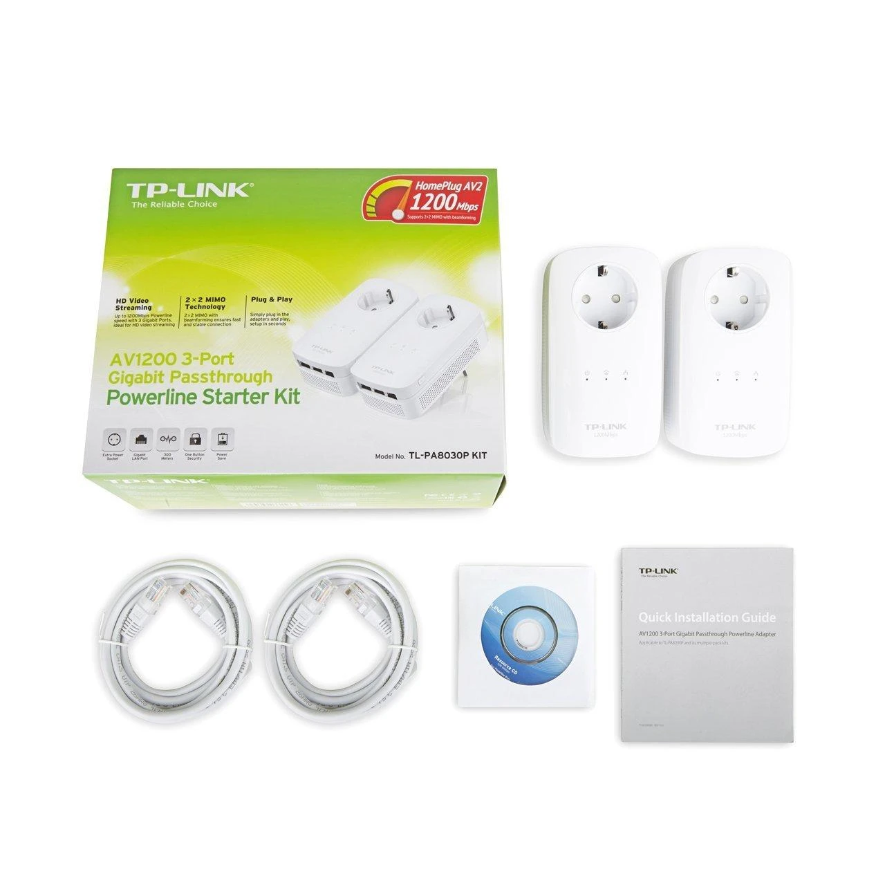 TP-Link AV1300 3 prievadų "Gigabit Passthrough Powerline" elektros tinklo adapterio pradinis rinkinys (TL-PA8030P KIT)