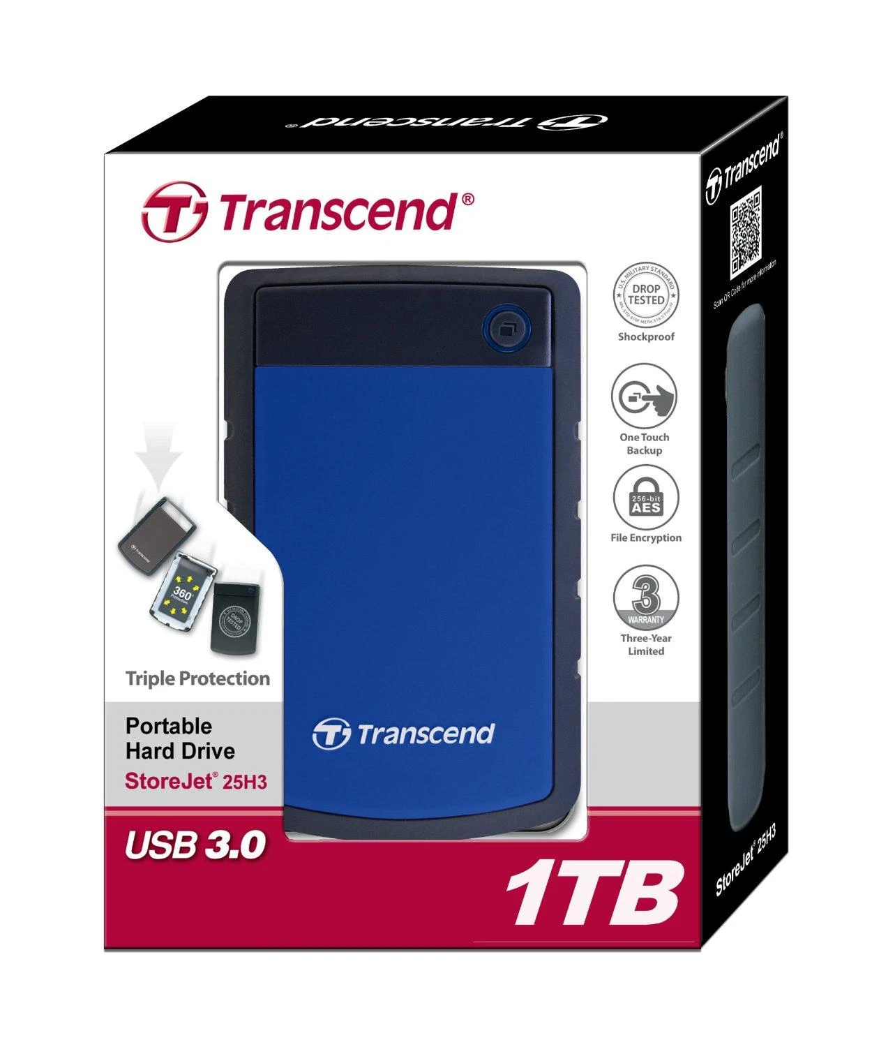 Išorinis kietasis diskas Transcend 25H3B 2.5'' 1TB USB3, Triguba smūgių slopinimo sistema