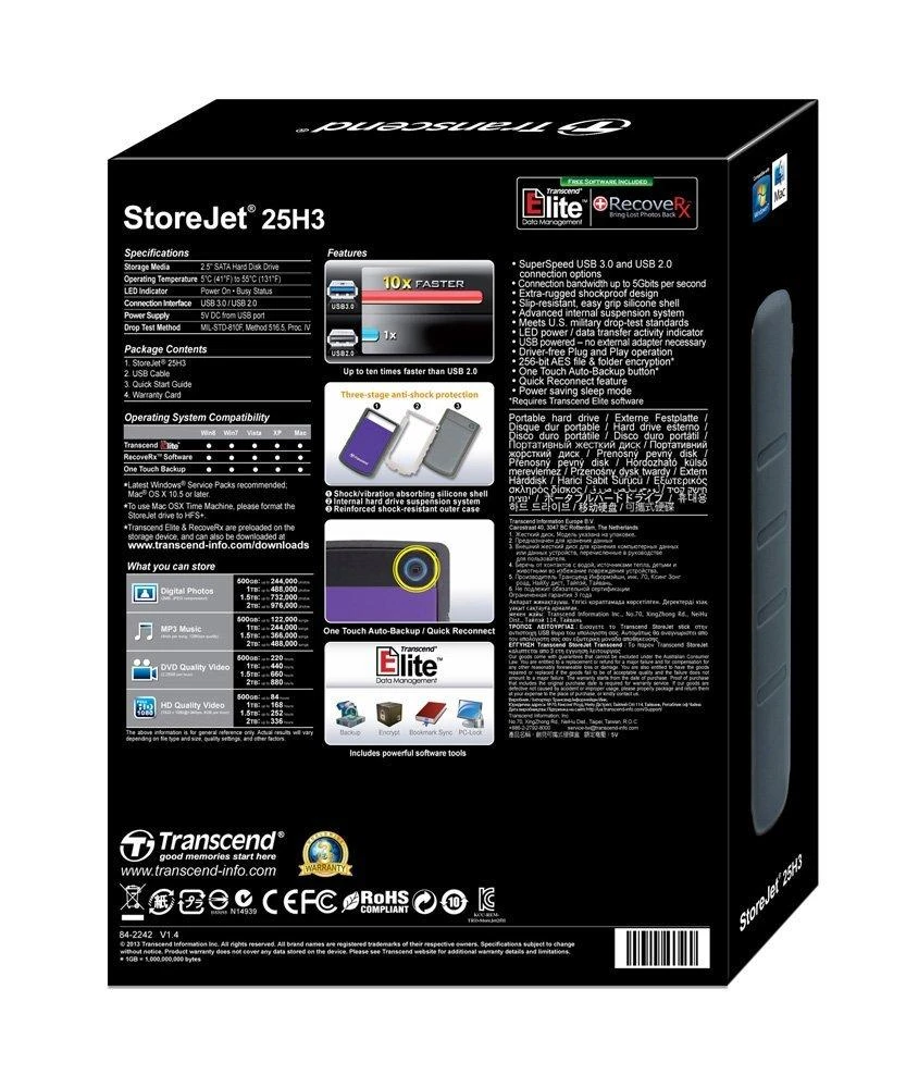 Kietasis išorinis diskas Transcend 25H3P 2.5'' 2TB USB3, Triguba smūgių slopinimo sistema