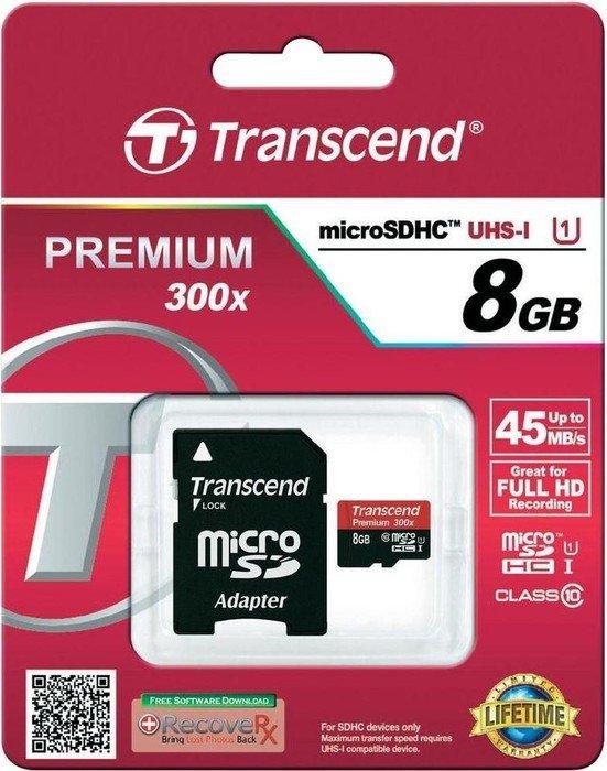 Atminties kortelė Transcend Micro SDHC 8GB 10 klasės UHS-I 400x + SD adapteris