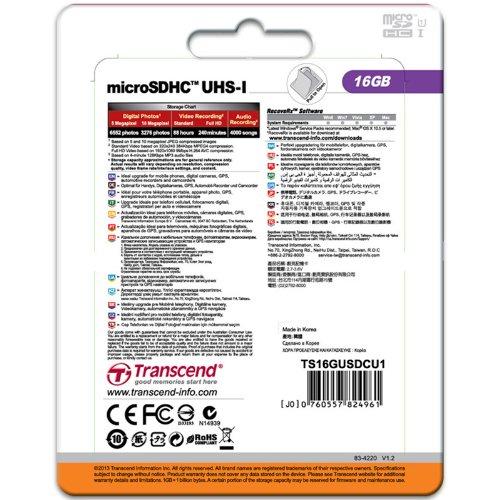 Atminties kortelė TRANSCEND 16GB Micro SDHC 10 klasės UHS-I kortelė
