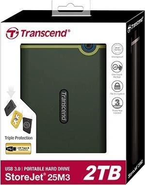 Kietasis diskas TRANSCEND 2TB StoreJet 25M3G USB 3.1 2.5 guminis dėklas su apsauga nuo smūgių, Military Žalias Slim
