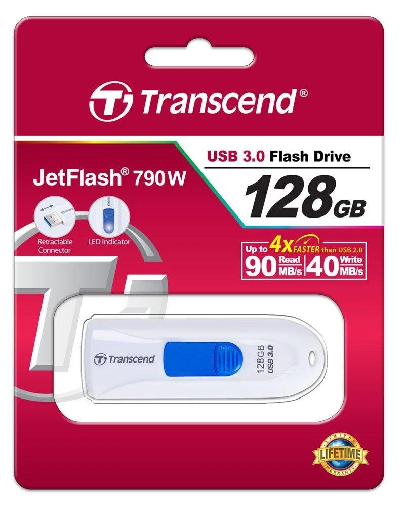TRANSCEND JetFlash790 128GB USB 3.0 baltas