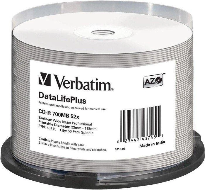 VERBATIM 43745 CD-R Verbatim 50vnt, 700MB, 52x, verpstė Baltas PLATUS SPAUSDINAMAS PAVIRŠIAUS
