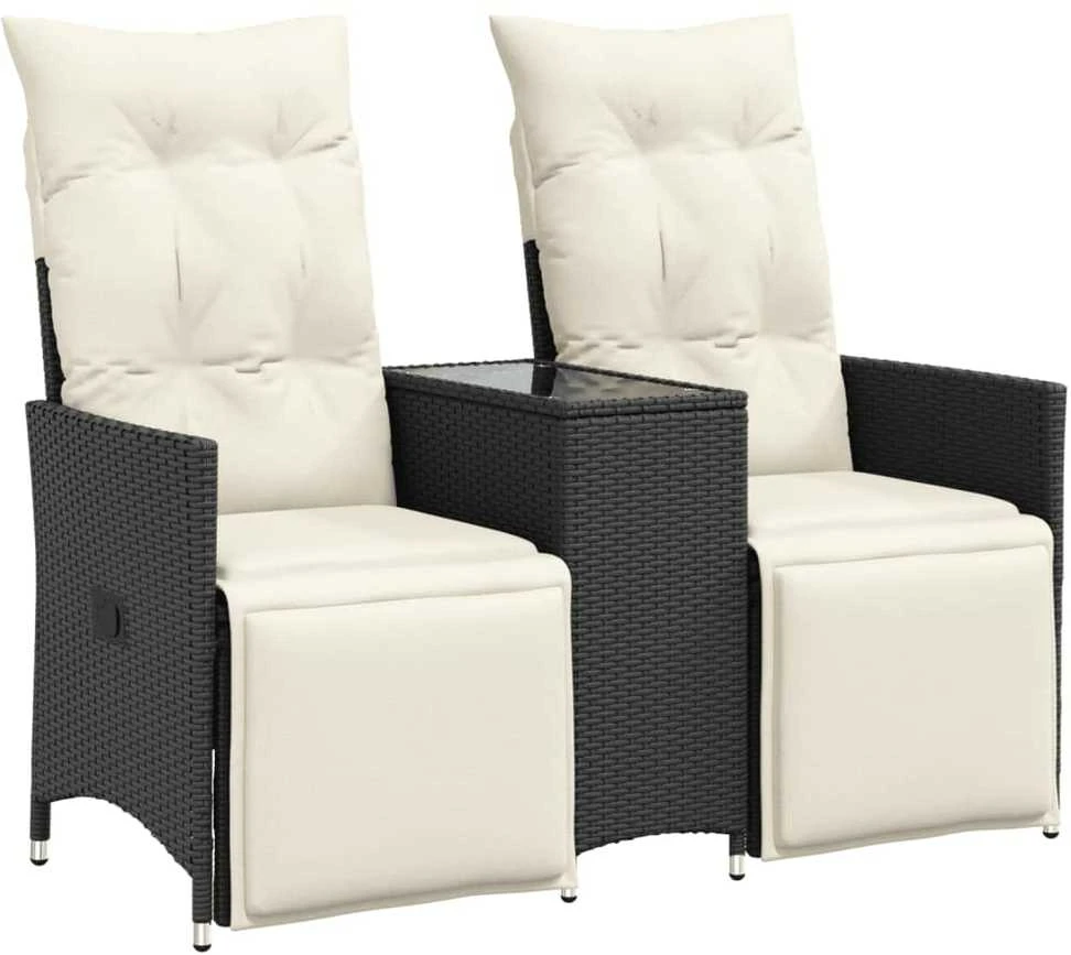 Atlošiama dvivietė sodo sofa su staliuku, juoda, poliratanas