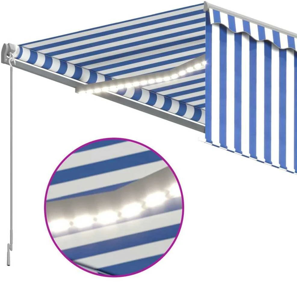 Markizė su uždanga/LED/vėjo jutikliu, mėlyna/balta, 4,5x3m